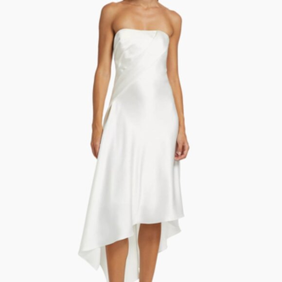 Amsale - Asymmetric Satin Strapless Midi-Dress - Picture 1 of 8